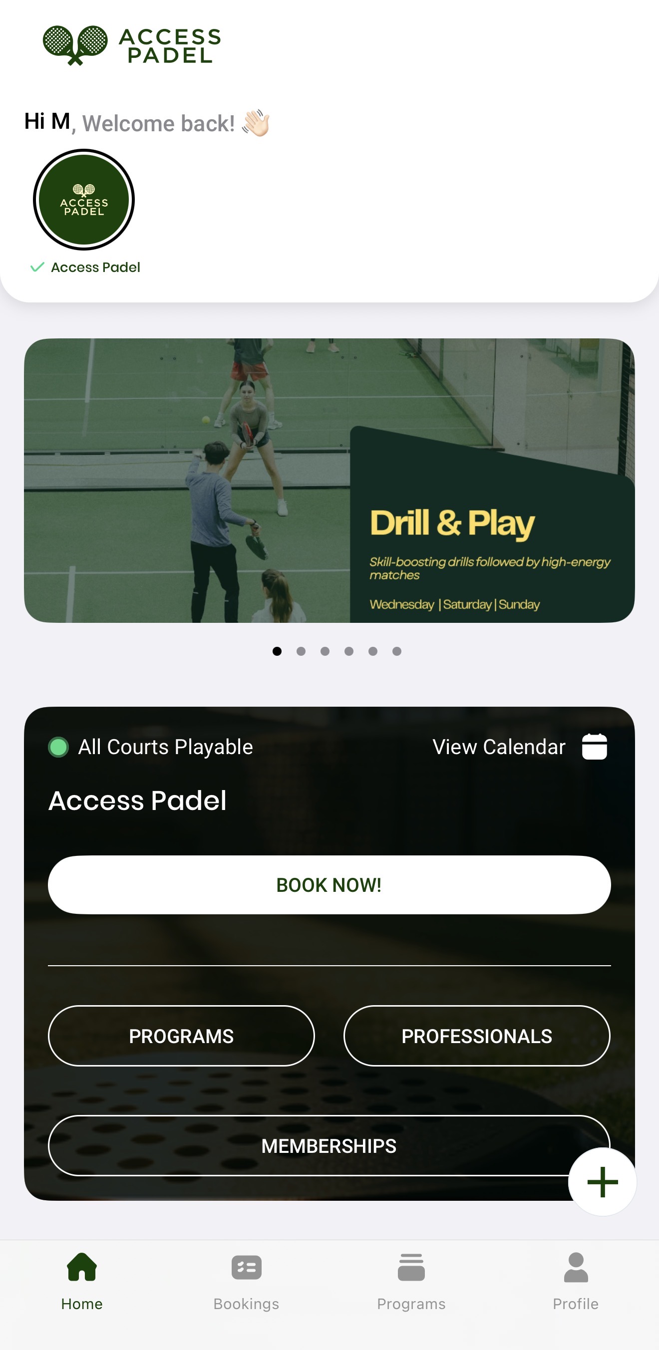 Access Padel mobile app — book courts, view programs, manage membership